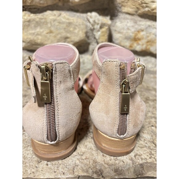 KENNETH COLE Judd Tan Suede T-Strap Demi Wedge Back Zip Buckle Sandals Shoes 8 - Picture 8 of 8